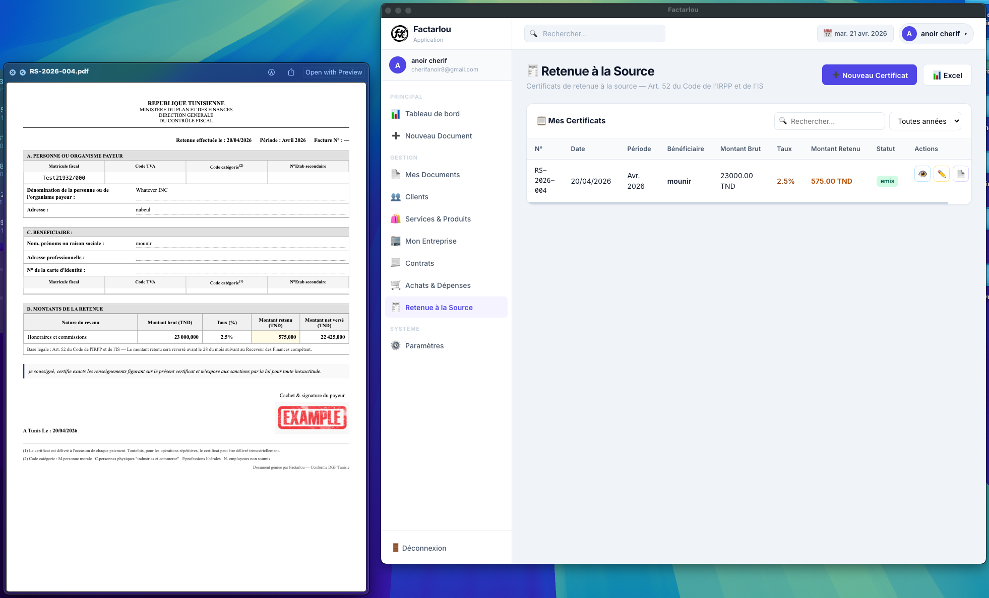 Éditeur de Retenue à la Source — Certificat Factarlou