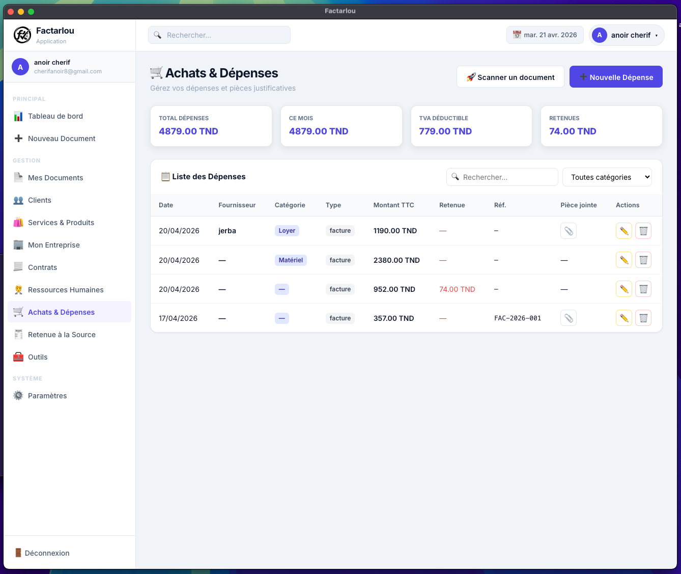 Gestion des Achats & Dépenses Factarlou