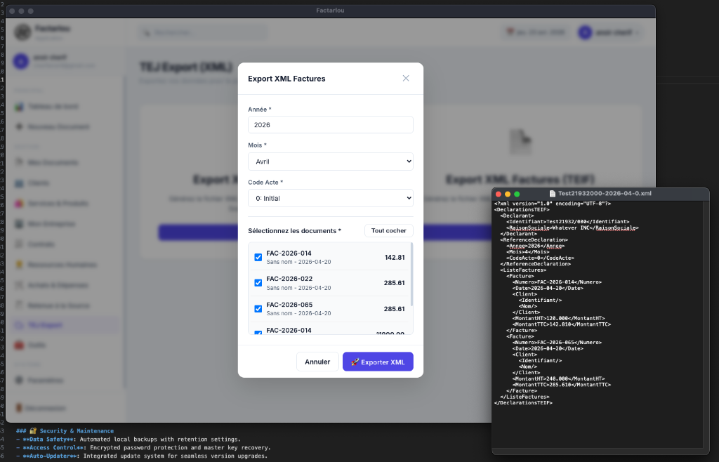 Export XML pour le portail TEJ Factarlou